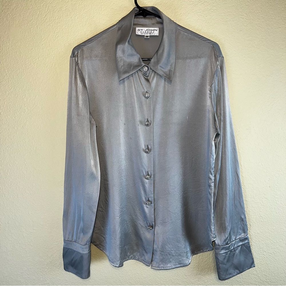 St. John Silver Satin Button-Down Blouse